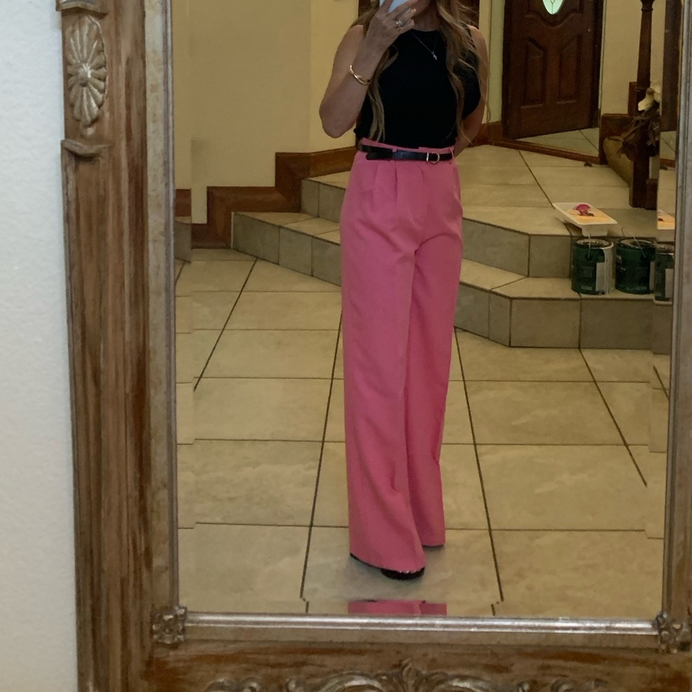 Boohoo High-Waist Wide Leg Pink Trousers with Belt